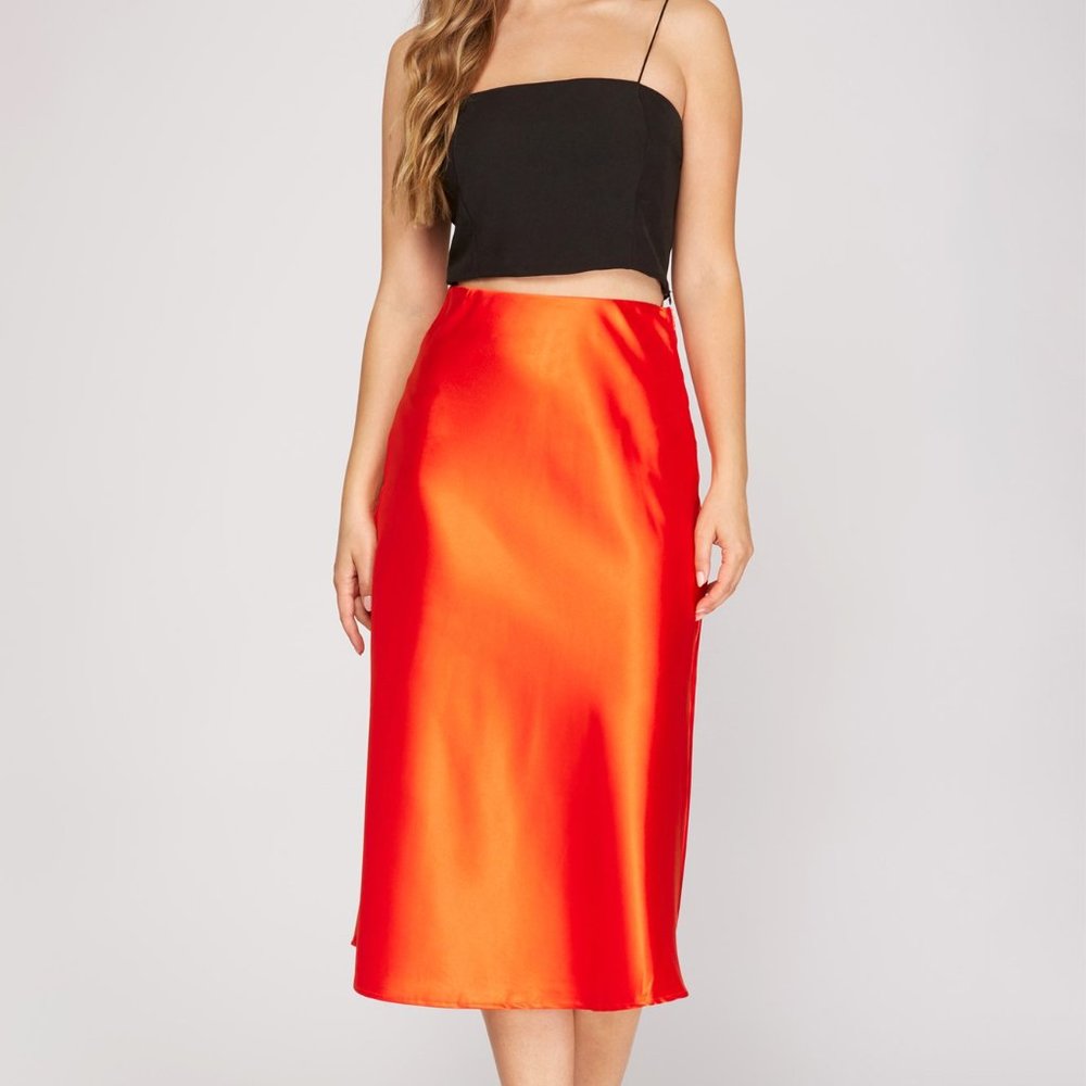 NWT! She + Sky Fire Orange Satin Midi Skirt